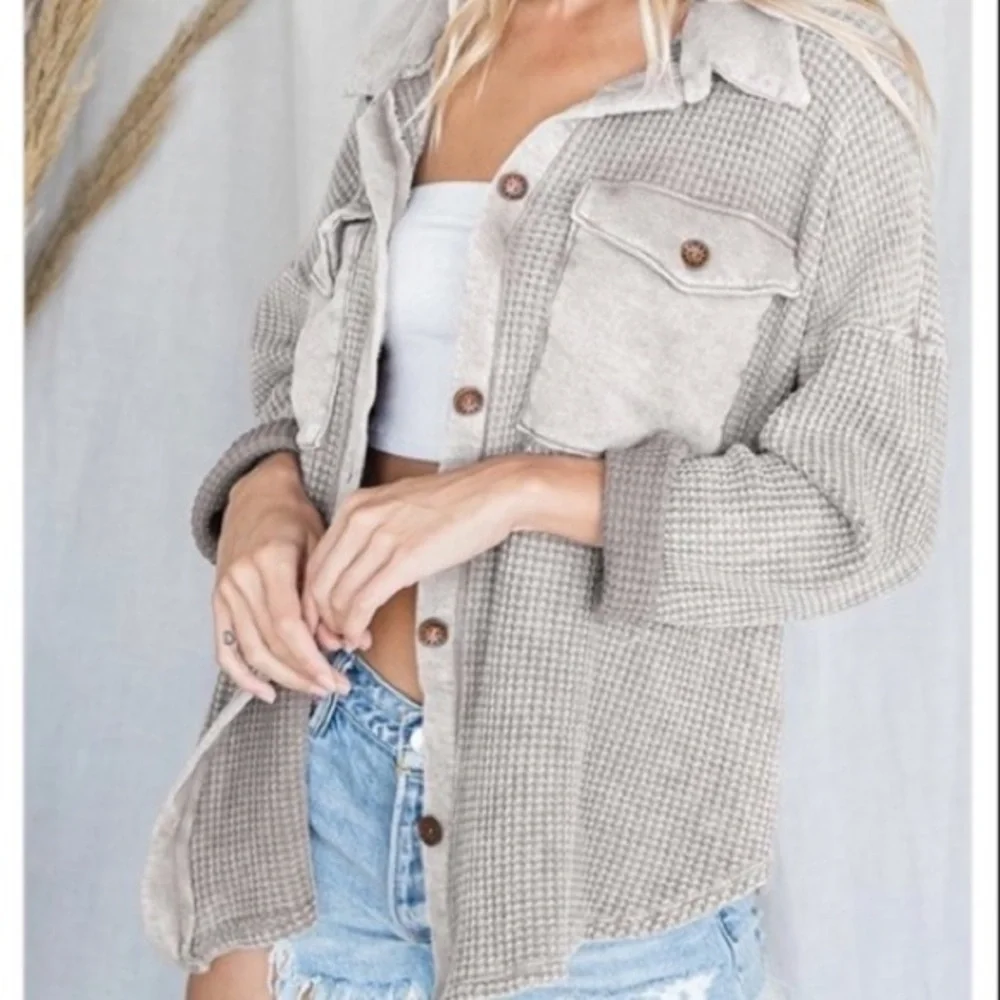 Bucketlist Venice Vintage Wash Waffle Knit Boho Shacket